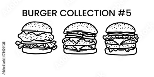 Hand drawn collection burger outline with cheese, tomato, sauce, and beef. Black and white doodle sketch for restaurant branding, menu design, packaging, and vintage or retro food illustrations.