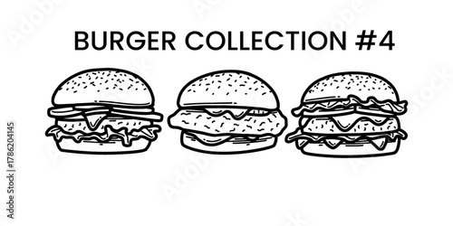 Hand drawn collection burger outline with cheese, tomato, sauce, and beef. Black and white doodle sketch for restaurant branding, menu design, packaging, and vintage or retro food illustrations.