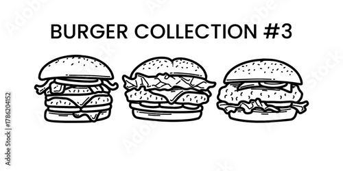 Hand drawn collection burger outline with cheese, tomato, sauce, and beef. Black and white doodle sketch for restaurant branding, menu design, packaging, and vintage or retro food illustrations.