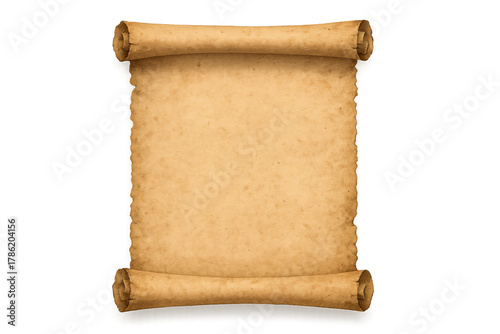 Old parchment scroll isolated on white. Vintage manuscript.
