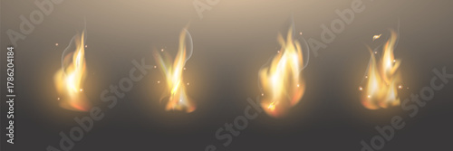 Realistic flame with glow effect, bright fire, transparency effect, vector illustration.