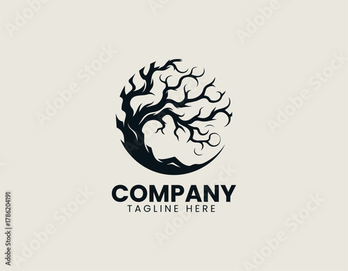 Barren twisted tree silhouette vector logo illustration with intricate roots and winding branches. Nature and strength concept