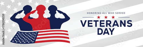 Veterans Day banner with a soldier silhouette saluting, flanked by American flags, set against a background of stars and stripes. Honors veterans and service members who served the USA.