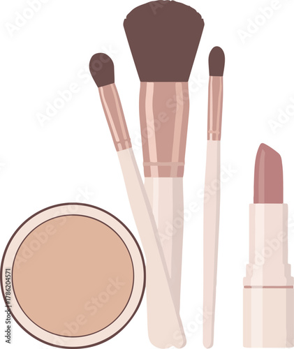 Makeup tools vector illustration featuring brushes compact powder and lipstick for beauty and cosmetic concepts