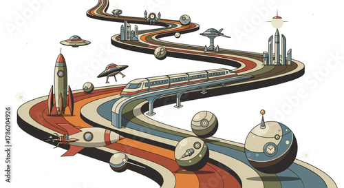 Retro futuristic transportation road with spaceships and flying cars isolated on white background