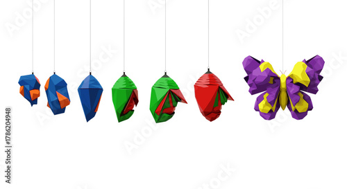 Origami Butterfly Transformation Life Cycle Isolated On White Background
