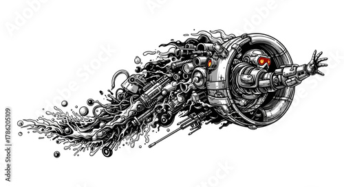 Futuristic Mechanical Cyborg Emerging from Engine with Red Eyes and Water Splash Illustration