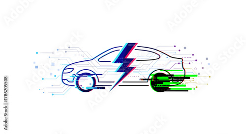 Electric car power energy symbol glitch effect technology concept isolated on white background