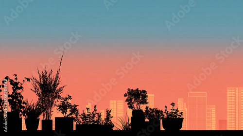 Silhouette of potted plants against a sunset backdrop with city buildings viewable