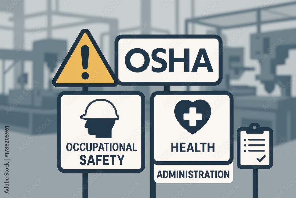 Obraz premium Safety signs highlighting OSHA regulations for occupational safety and health administration in an industrial workspace. Concept of workplace safety and compliance practices.