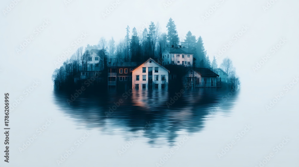 Fototapeta premium A serene, misty landscape featuring partially submerged houses surrounded by trees, reflecting eerily in the still water.