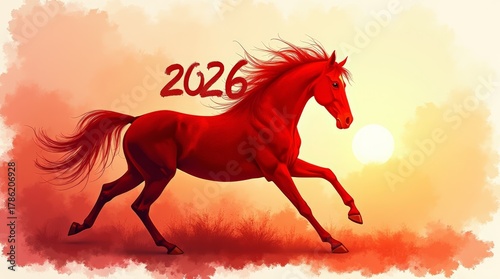 Red horse with flowing mane and 2026 text galloping toward the rising sun. Warm orange morning light and misty landscape evoke hope, speed, and renewal