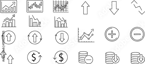 Business growth charts and financial symbols, upward and downward trends, icons for finance and investment, data analysis, and economic progress.