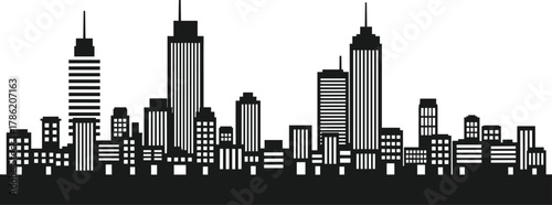 City, skyline, silhouette, buildings, skyscraper, urban, architecture, vector, black, white, design, illustration, metropolitan, office, tower, spire, structure, modern, downtown, landscape
