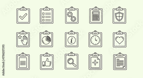 Clipboard icon set with various business and office symbols, checkmark list, gears, calculator, shield, hand, chart, info, clock, heart, magnifier, thumbs up, and medical cross