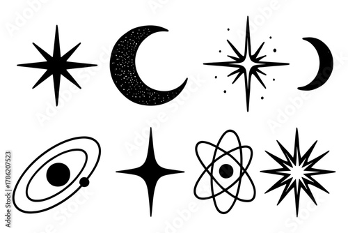 Celestial symbols collection: stars, moons, and atomic designs in black silhouette