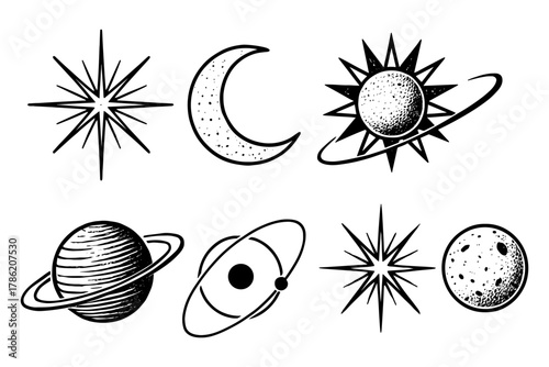 Vintage celestial set: sun, moon, and planets in engraved style