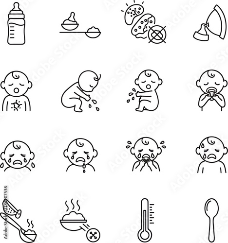 Collection of Baby Feeding Icons Representing Baby Food, Spoon, Bottle, Thermometer and Crying Baby Expressions