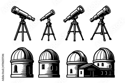 Monochrome telescopes and observatories set with linear icons