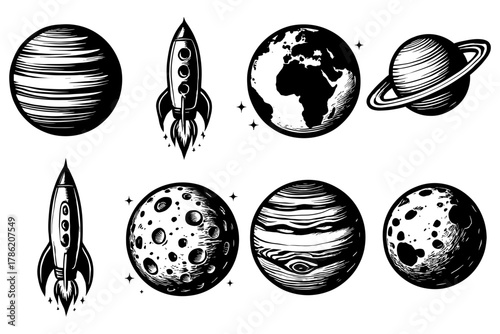 Space exploration in retro style: planets, rockets, and celestial bodies