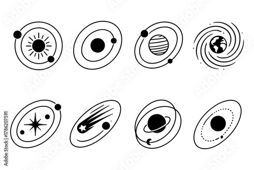 Celestial bodies outline collection: minimalist solar system icons and planetary designs