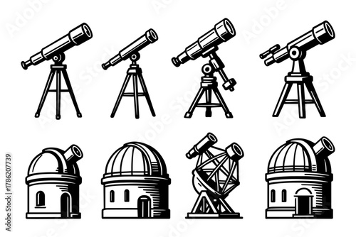 Variety of telescopes and observatories in vintage black and white design