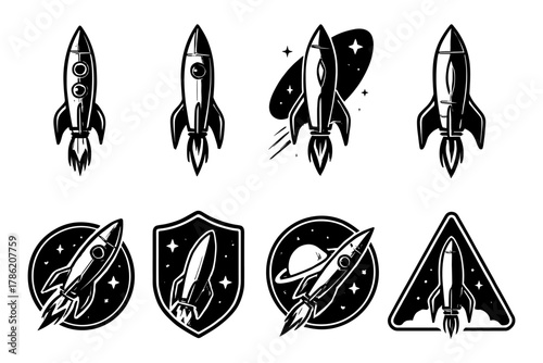 Retro rocketship icons in monochrome space theme with stars and planets
