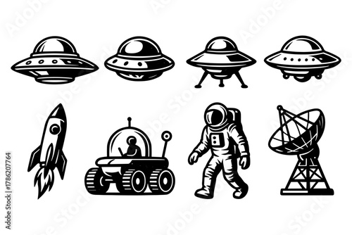 Retro space icons set: ufos, rocket, astronaut, and telescope in vintage style