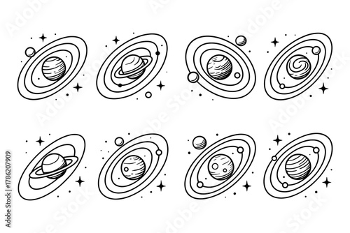 Set of linear saturn styles with stars and moons in space