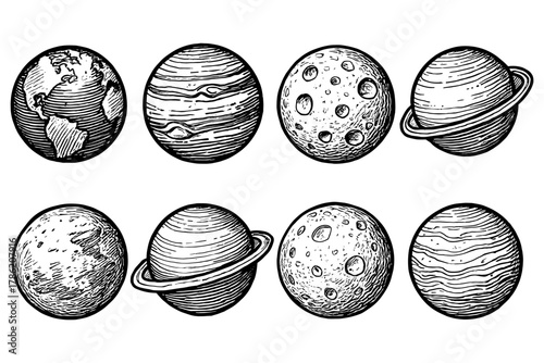 Hand drawn planet collection: vintage sketch of solar system spheres