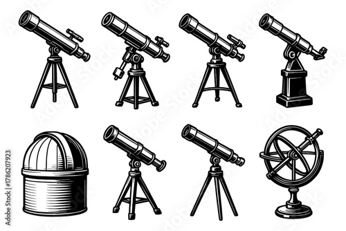 Vintage telescope and observatory collection: detailed black and white set