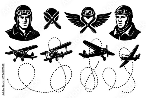 Vintage aviation pilots and aircraft set: classic monochrome design with aviator elements