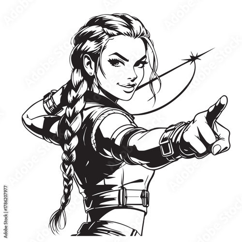 Dynamic black and white illustration of a determined female archer aiming her bow and arrow with a confident expression