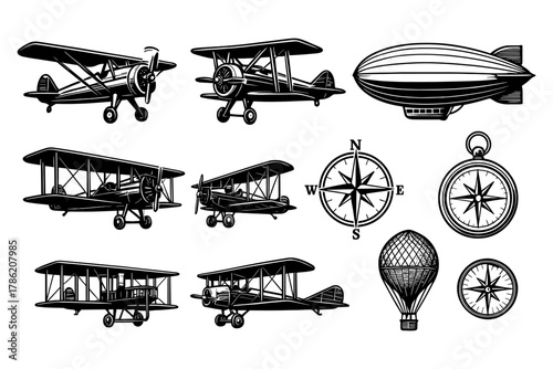 Vintage aircraft and navigation icons featuring airplanes, zeppelins, and compasses in monochrome style