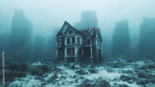 An eerie, submerged house stands in murky water, surrounded by ghostly silhouettes of submerged buildings, evoking a haunting atmosphere.
