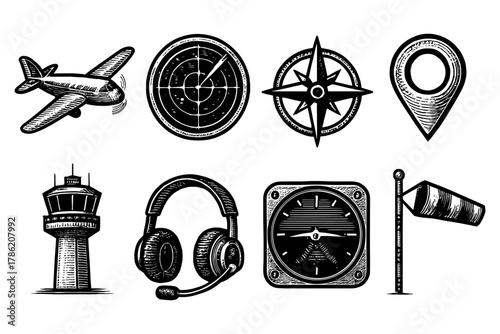 Retro aviation icons: hand drawn flight symbols and navigation elements