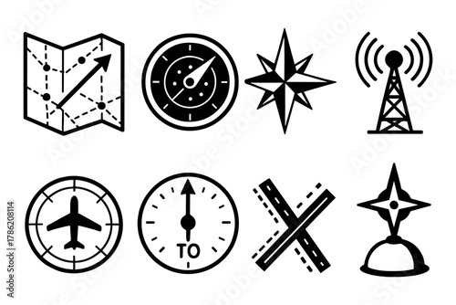 Navigation icons set: compass, map, radar, linear style for travel and gps design