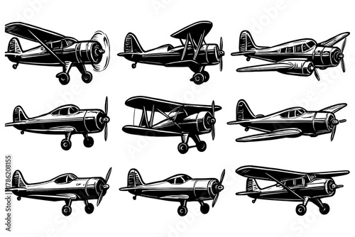 Vintage airplanes collection - classic black and white aircraft illustrations