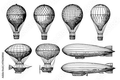 Vintage hot air balloons and dirigibles collection in black and white