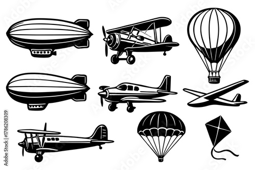 Vintage aviation icons set featuring airplanes, zeppelins, and hot air balloons in black and white