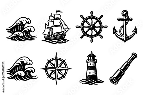 Nautical elements collection featuring anchor, lighthouse, and ship in vintage style