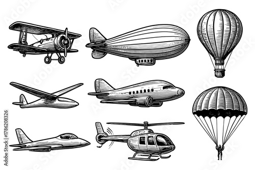 Vintage aviation collection with airplanes, helicopter, and balloon in detailed sketch style