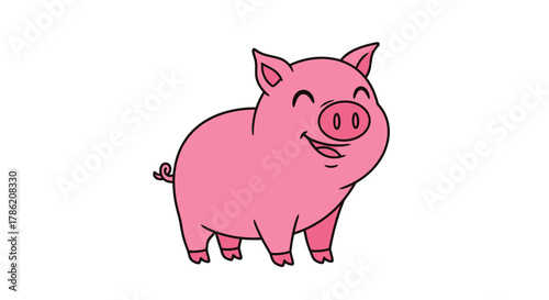 Cartoon drawing of a cheerful pink pig with a curly tail and happy facial features