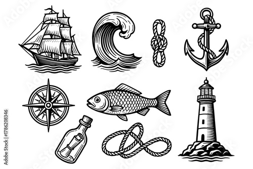 Nautical elements collection: sailboat, anchor, lighthouse, waves, and more in vintage style