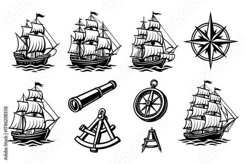 Vintage nautical symbols and sailing ships with compass rose and navigational tools