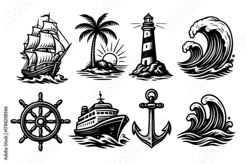 Nautical icons set with ship, lighthouse, waves, and anchor in silhouette style
