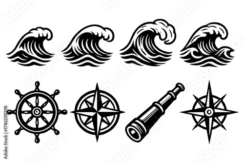 Nautical icons with waves and compass designs in black and white minimalist style