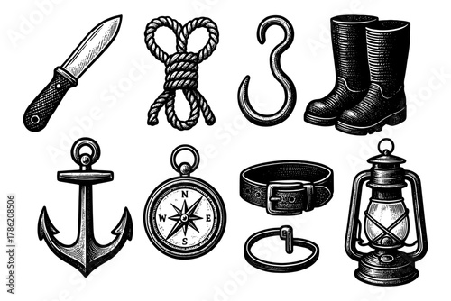 Vintage nautical and camping gear collection with retro elements
