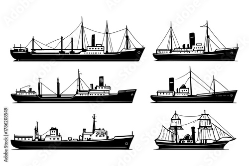 Collection of vintage ship silhouettes in classic nautical style