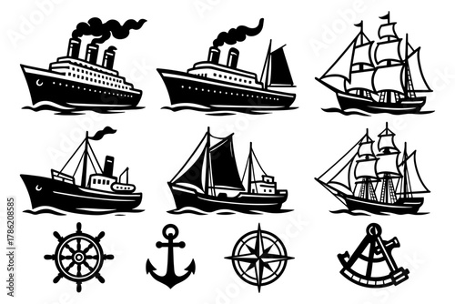 Nautical silhouette set featuring ships and maritime symbols in vintage style